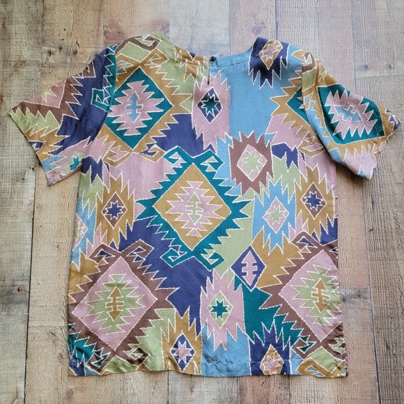 Aztec Print 100% Silk Short Sleeve Blouse - Picture 2 of 12